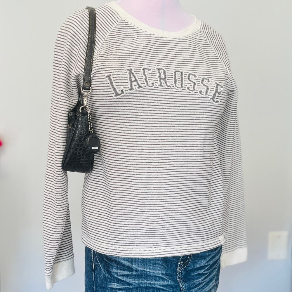 Gray + White Stripe Varsity Crewneck Pullover Lacrosse Sweatshirt | S | 2010s